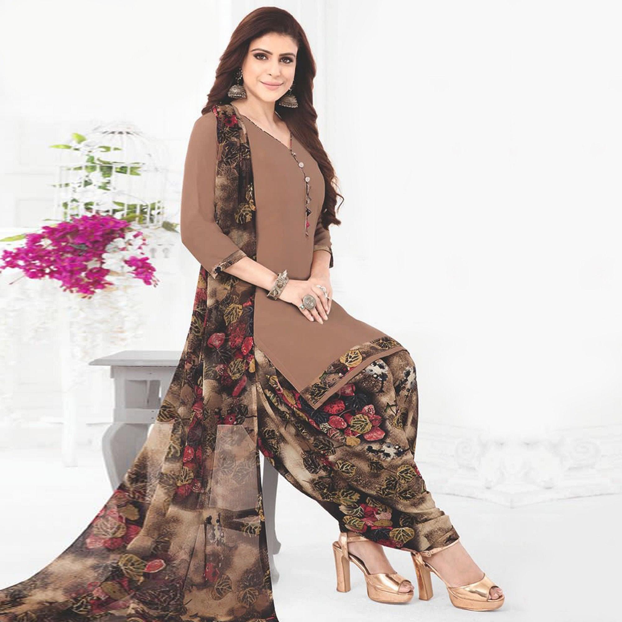 Brown Casual Wear Printed Leon Patiala Dress Material - Peachmode