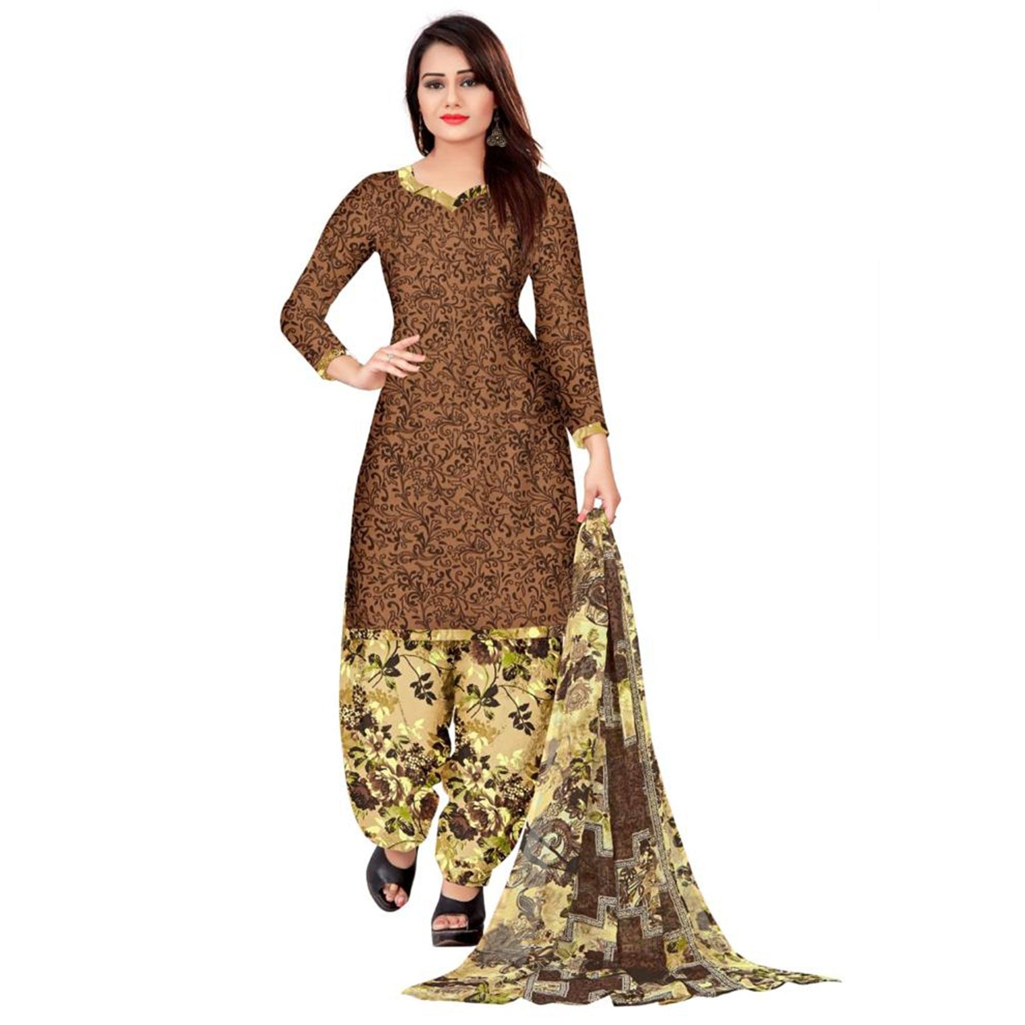Brown Casual Wear Printed Leon Patiala Dress Material - Peachmode