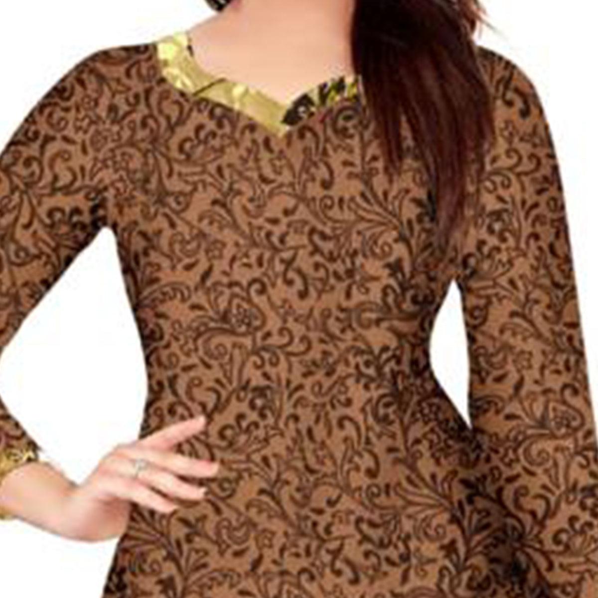 Brown Casual Wear Printed Leon Patiala Dress Material - Peachmode