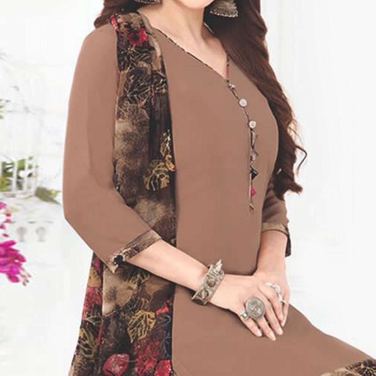Brown Casual Wear Printed Leon Patiala Dress Material - Peachmode