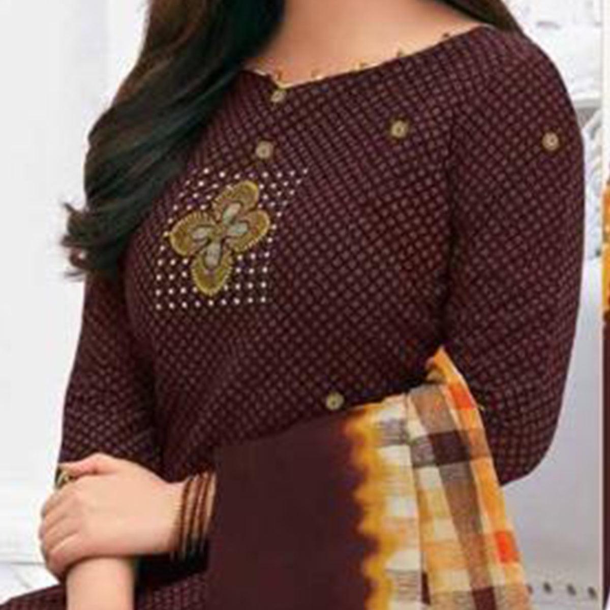 Brown Casual Wear Printed Leon Patiala Dress Material - Peachmode