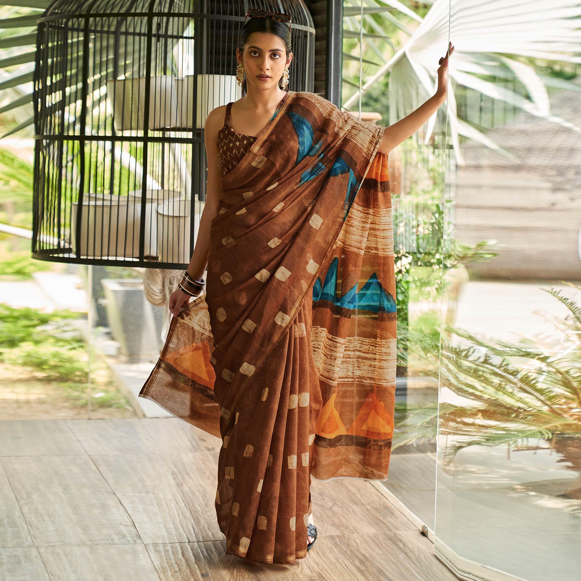 Brown Casual Wear Printed Linen Saree - Peachmode