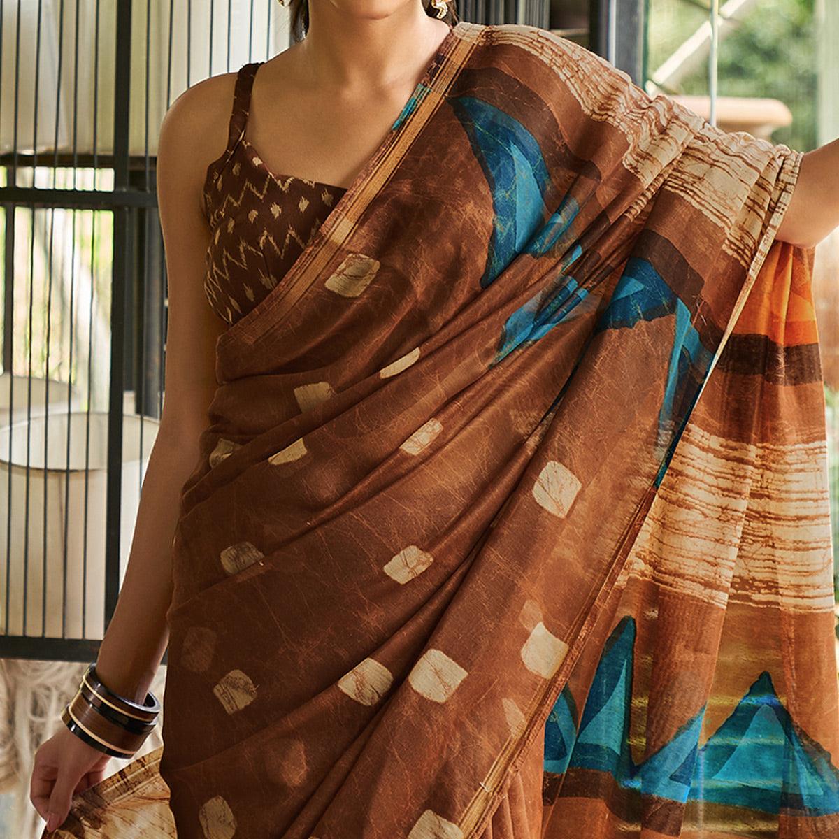 Brown Casual Wear Printed Linen Saree - Peachmode