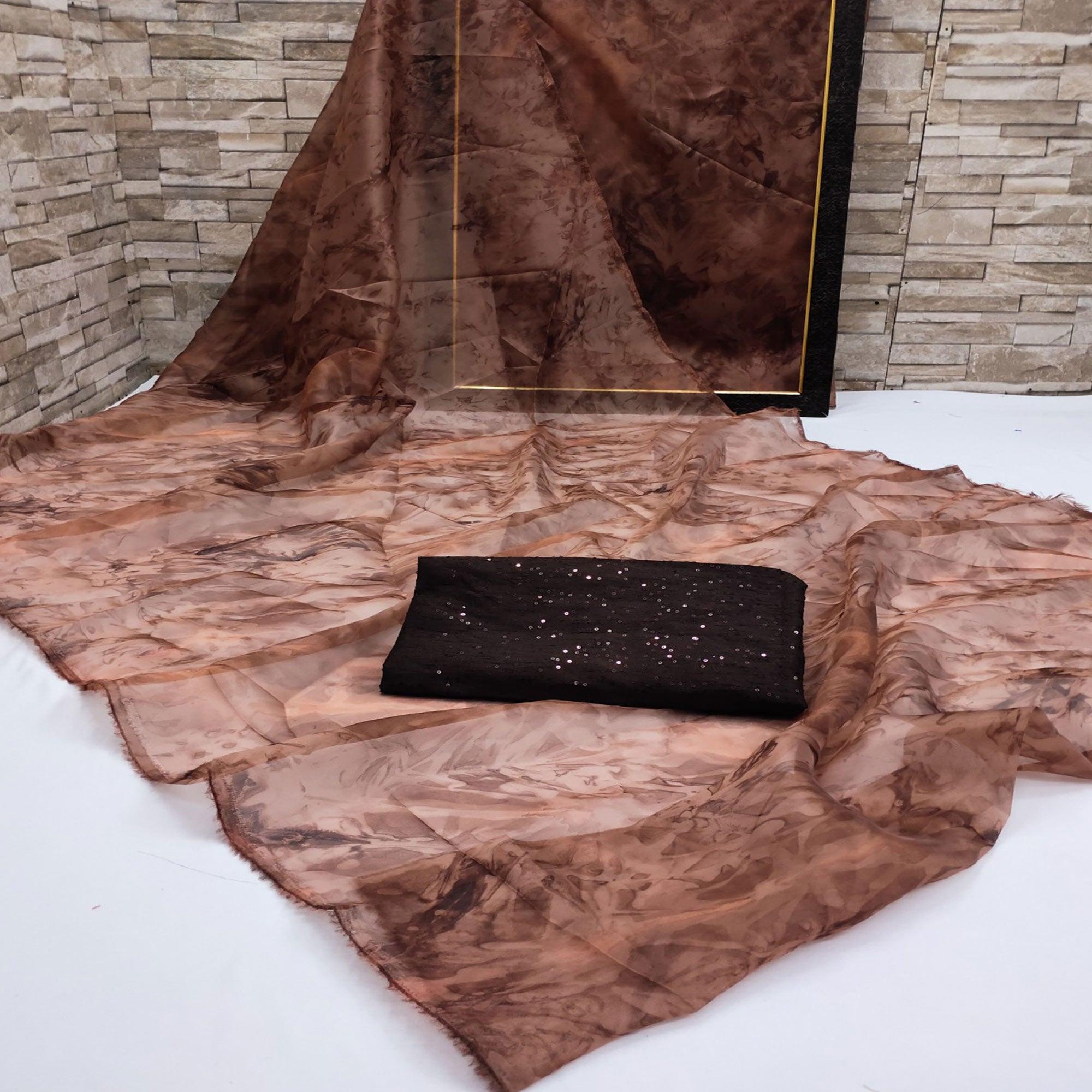 Brown Casual Wear Printed Organza Saree - Peachmode