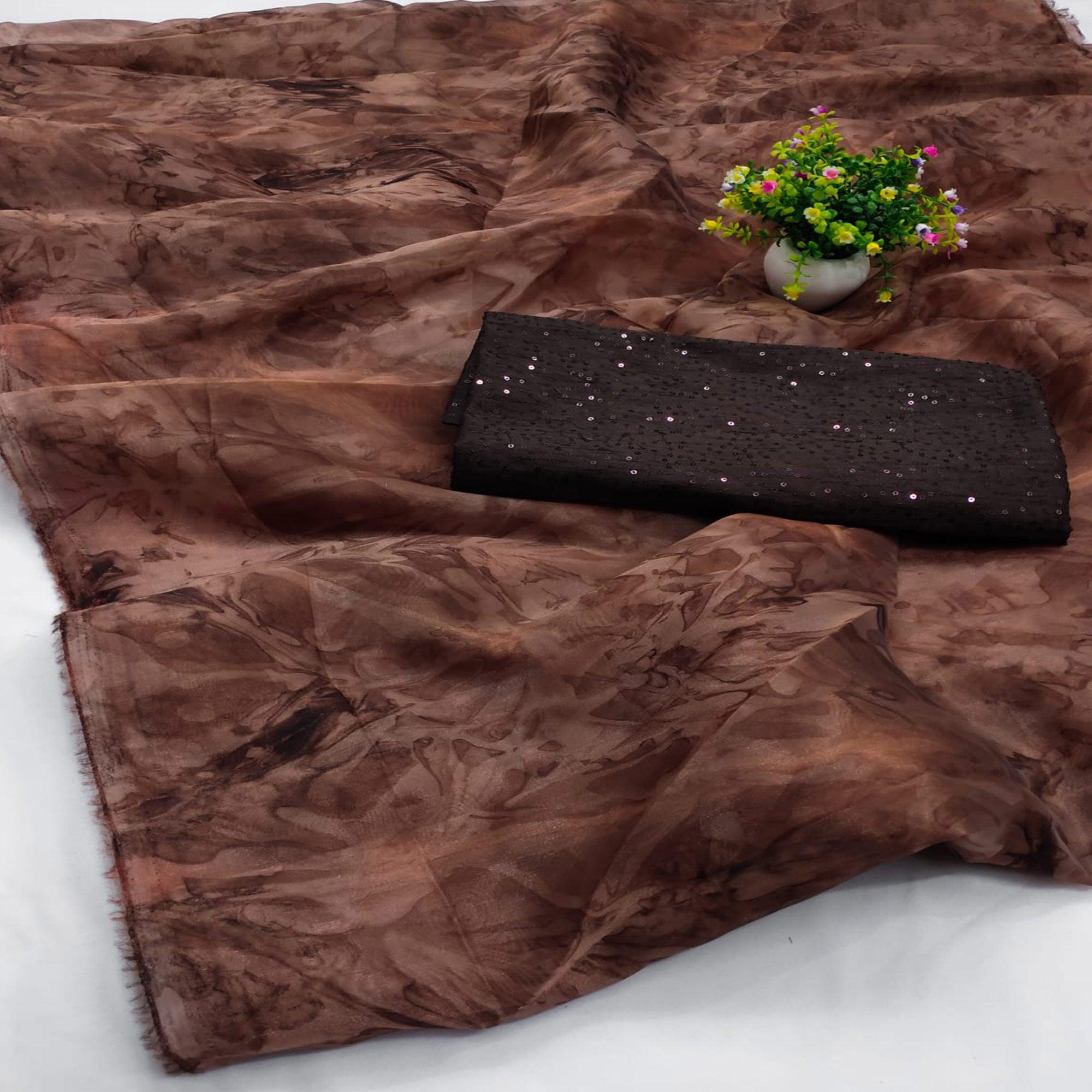 Brown Casual Wear Printed Organza Saree - Peachmode