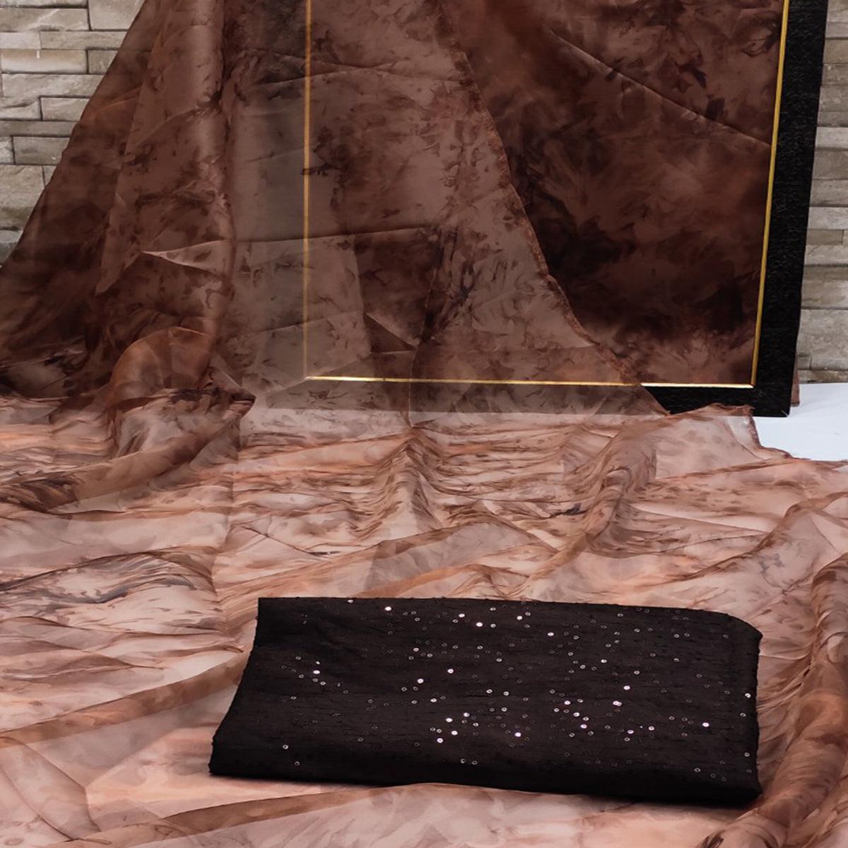 Brown Casual Wear Printed Organza Saree - Peachmode