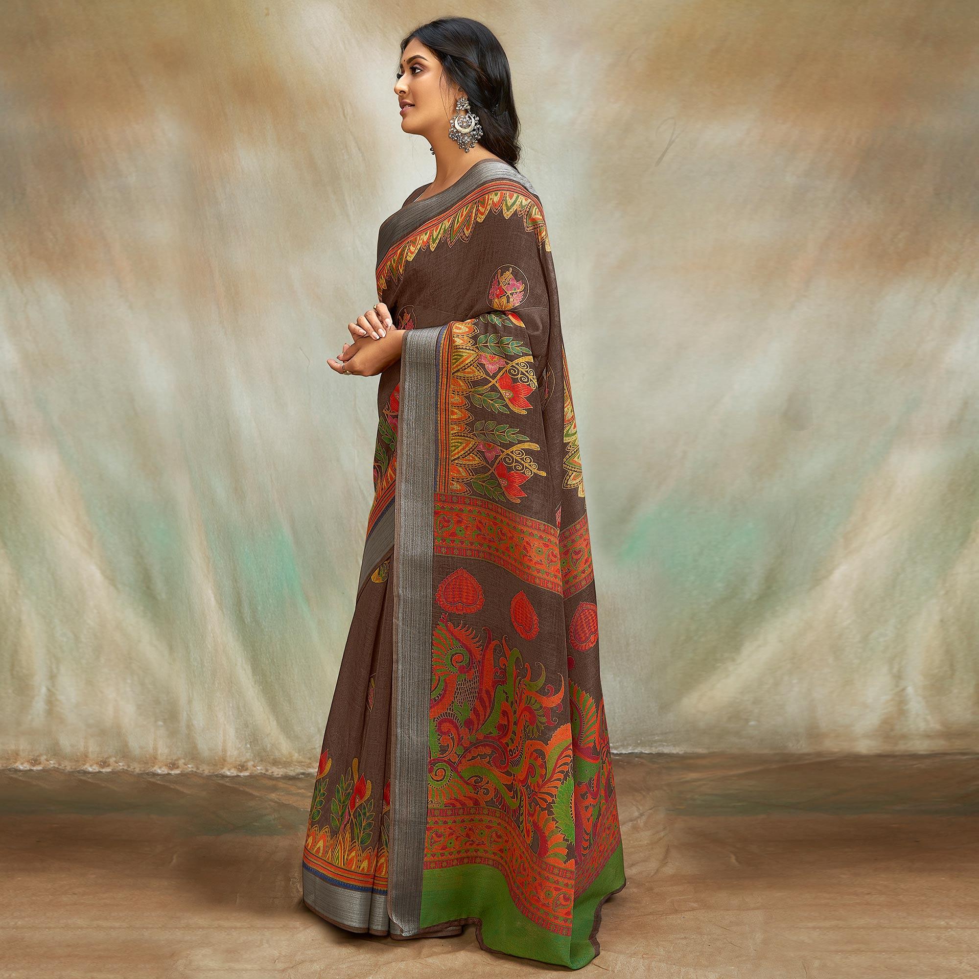 Brown Casual Wear Printed Pure Linen Saree - Peachmode