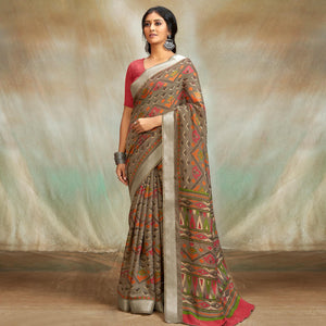 Brown Casual Wear Printed Pure Linen Saree - Peachmode