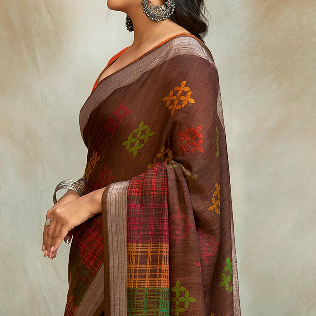 Brown Casual Wear Printed Pure Linen Saree - Peachmode