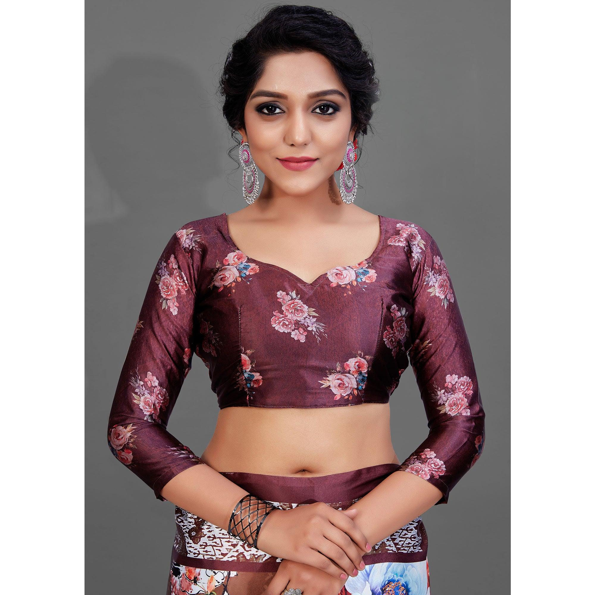Brown Casual Wear Printed Satin Silk Saree - Peachmode