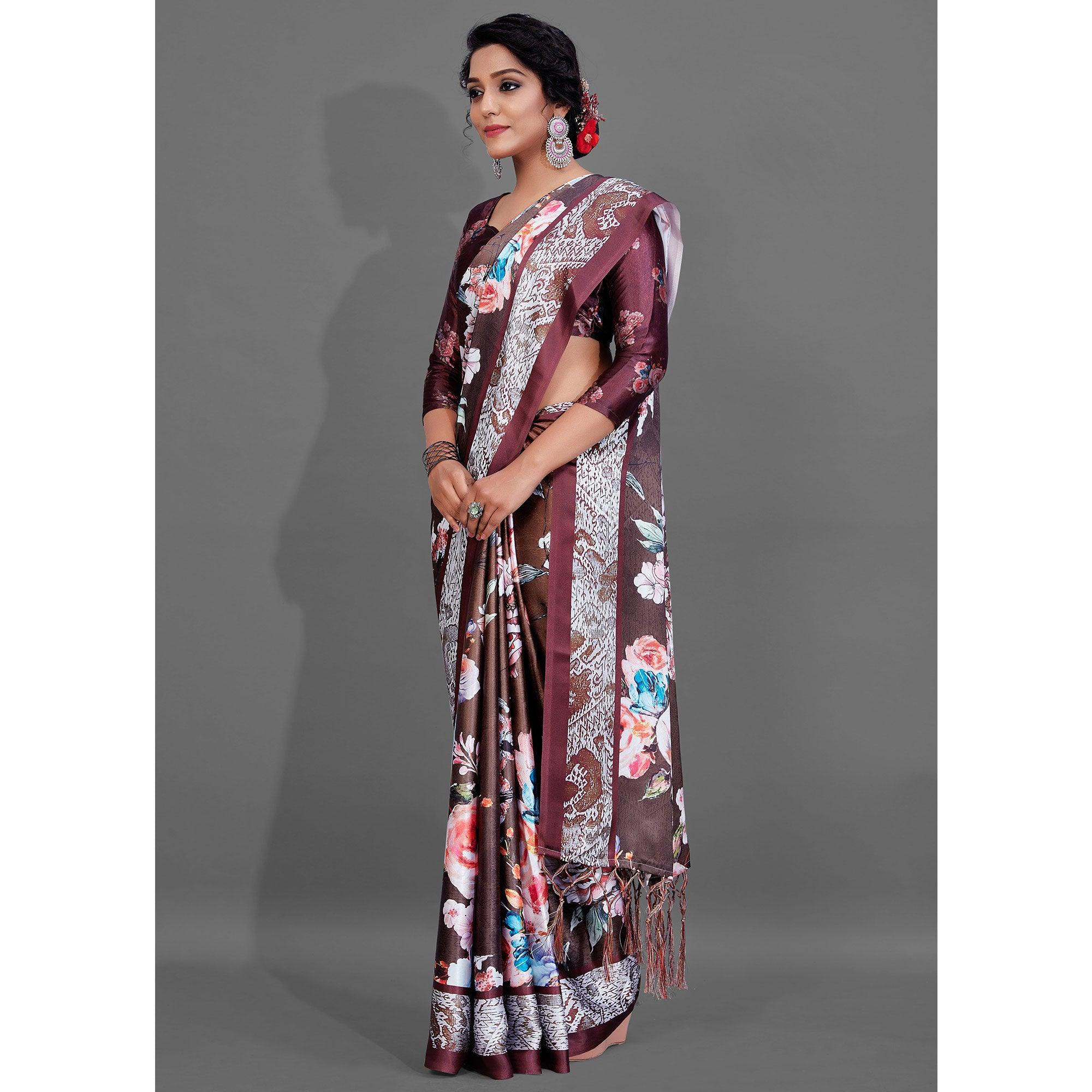Brown Casual Wear Printed Satin Silk Saree - Peachmode