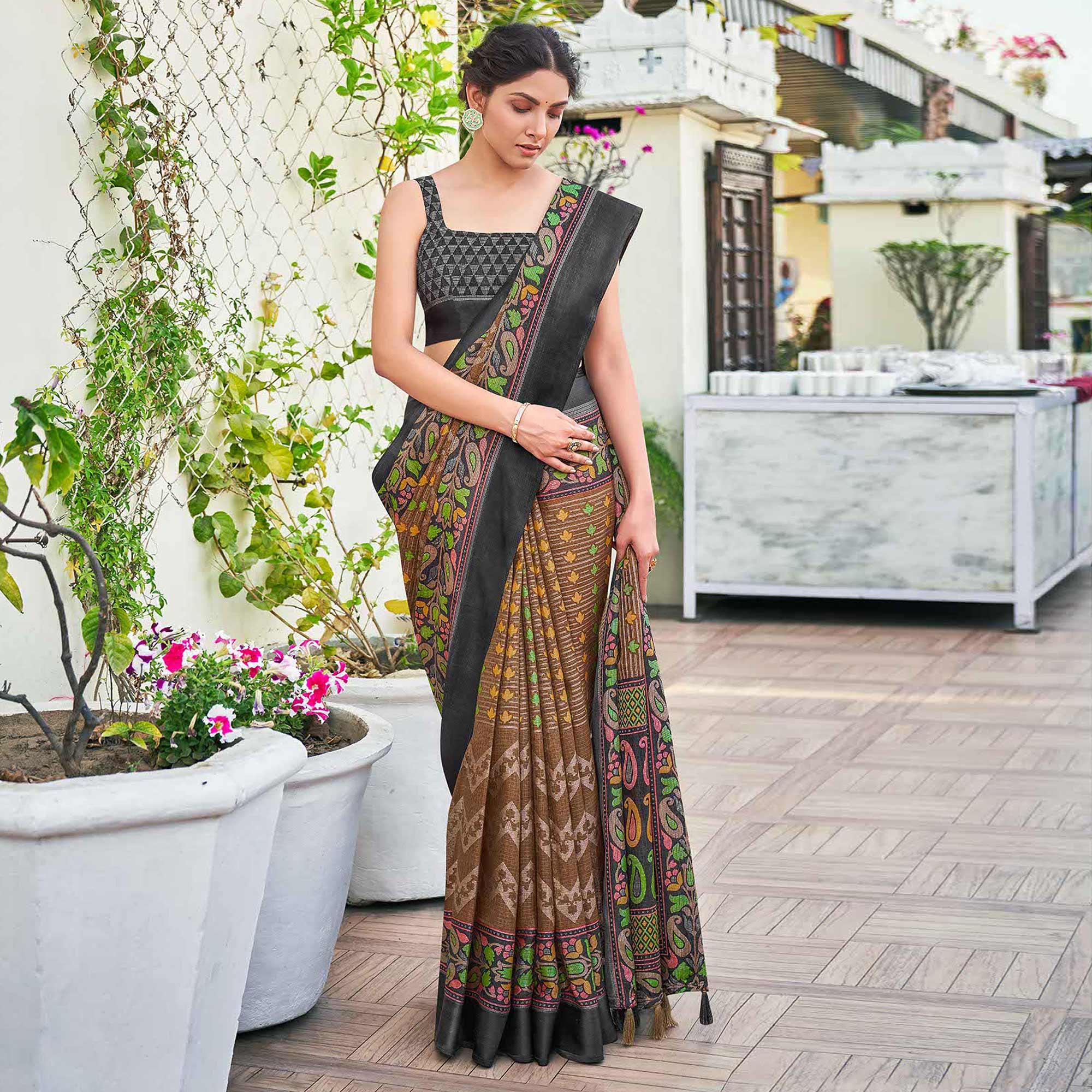 Brown Casual Wear Printed Silk Brasso Saree - Peachmode
