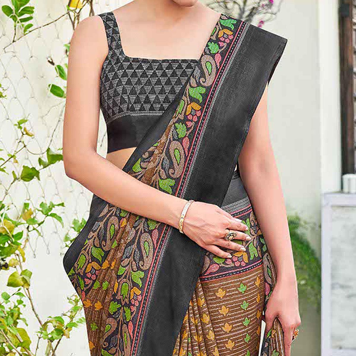 Brown Casual Wear Printed Silk Brasso Saree - Peachmode