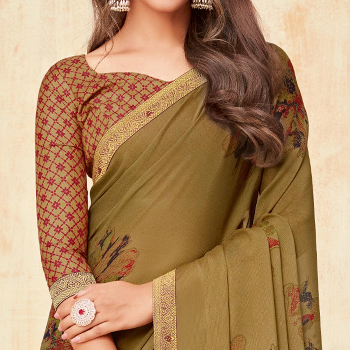 Brown Casual Wear Printed Silk Georgette Saree - Peachmode