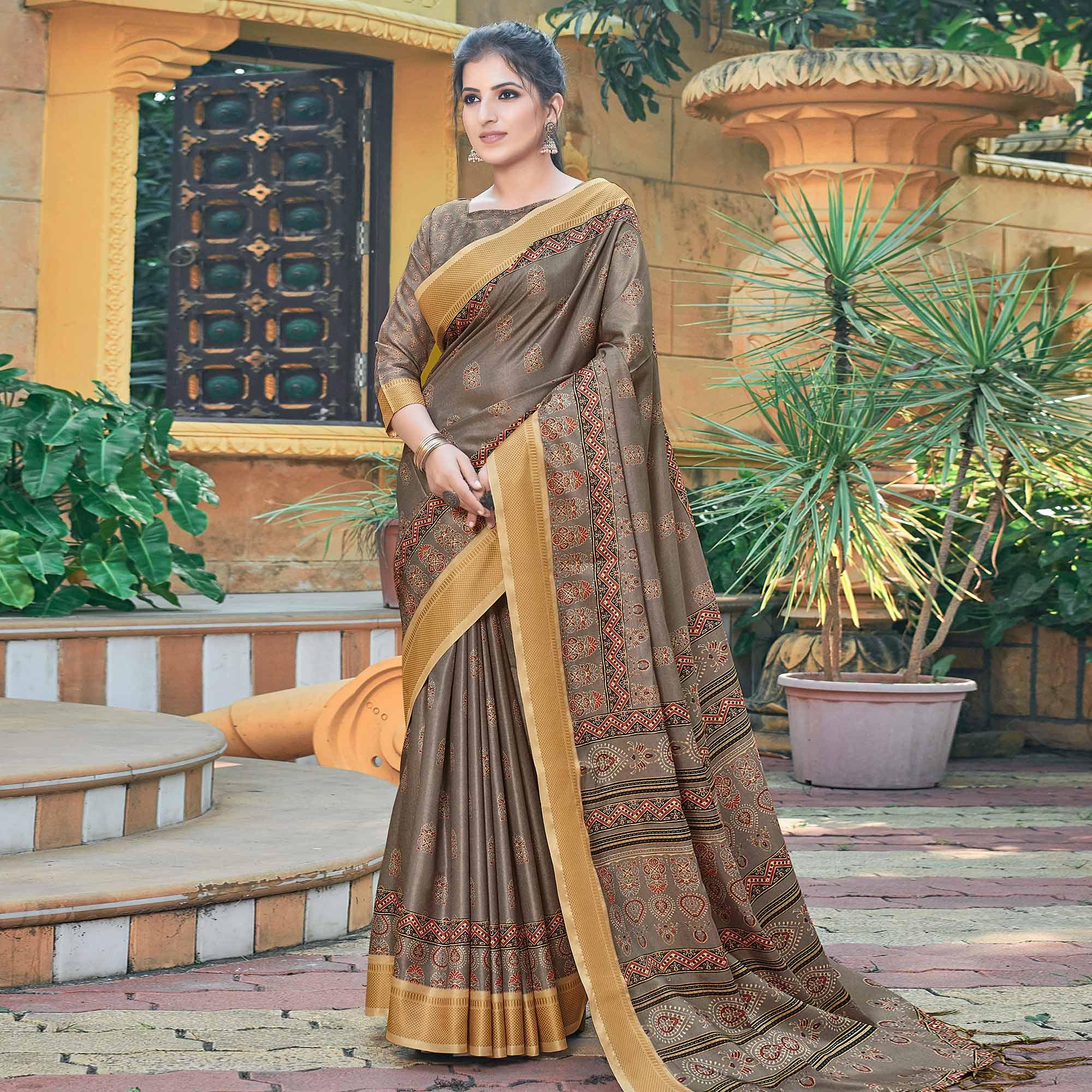 Brown Casual Wear Printed Silk Saree - Peachmode