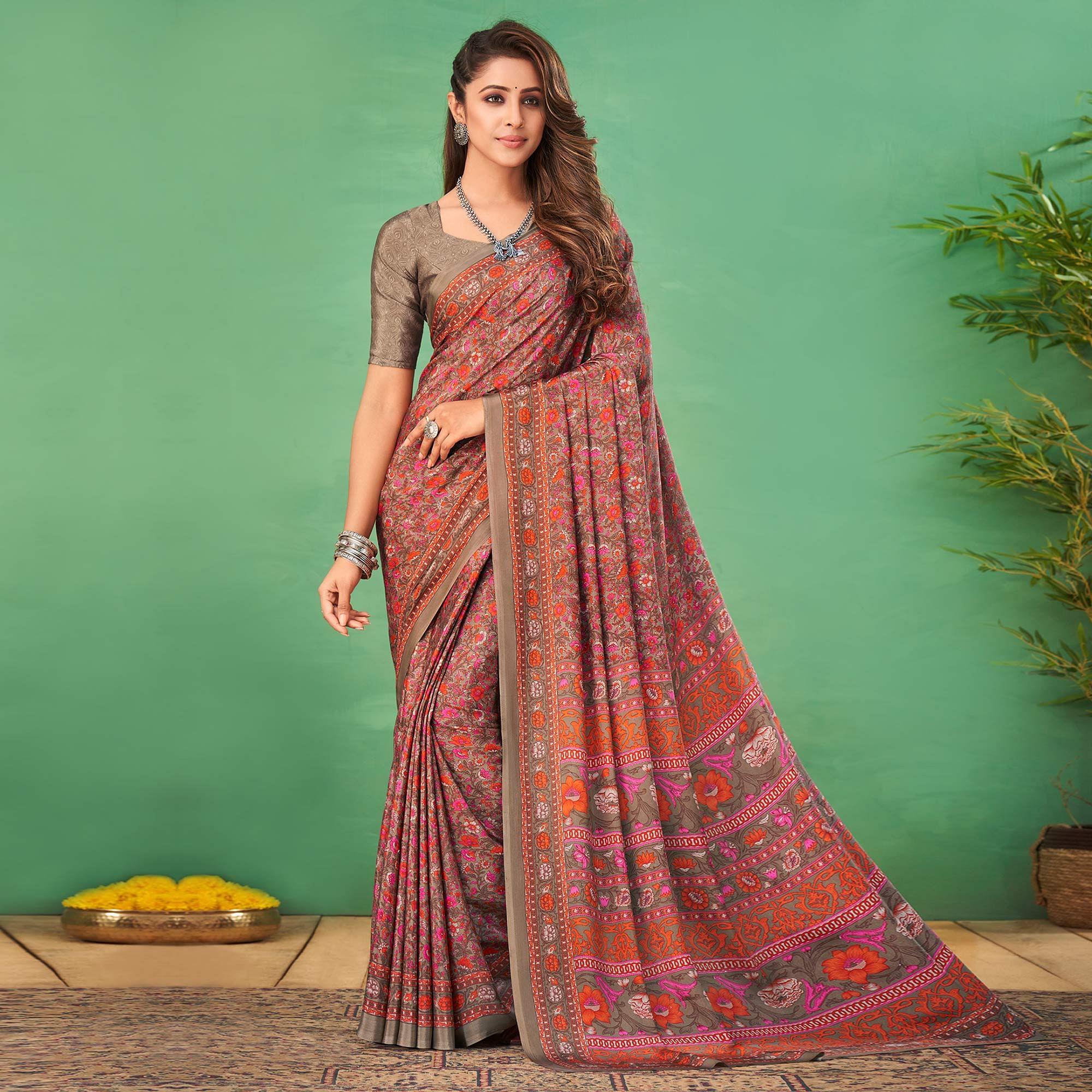 Brown Casual Wear Printed Silk Saree - Peachmode