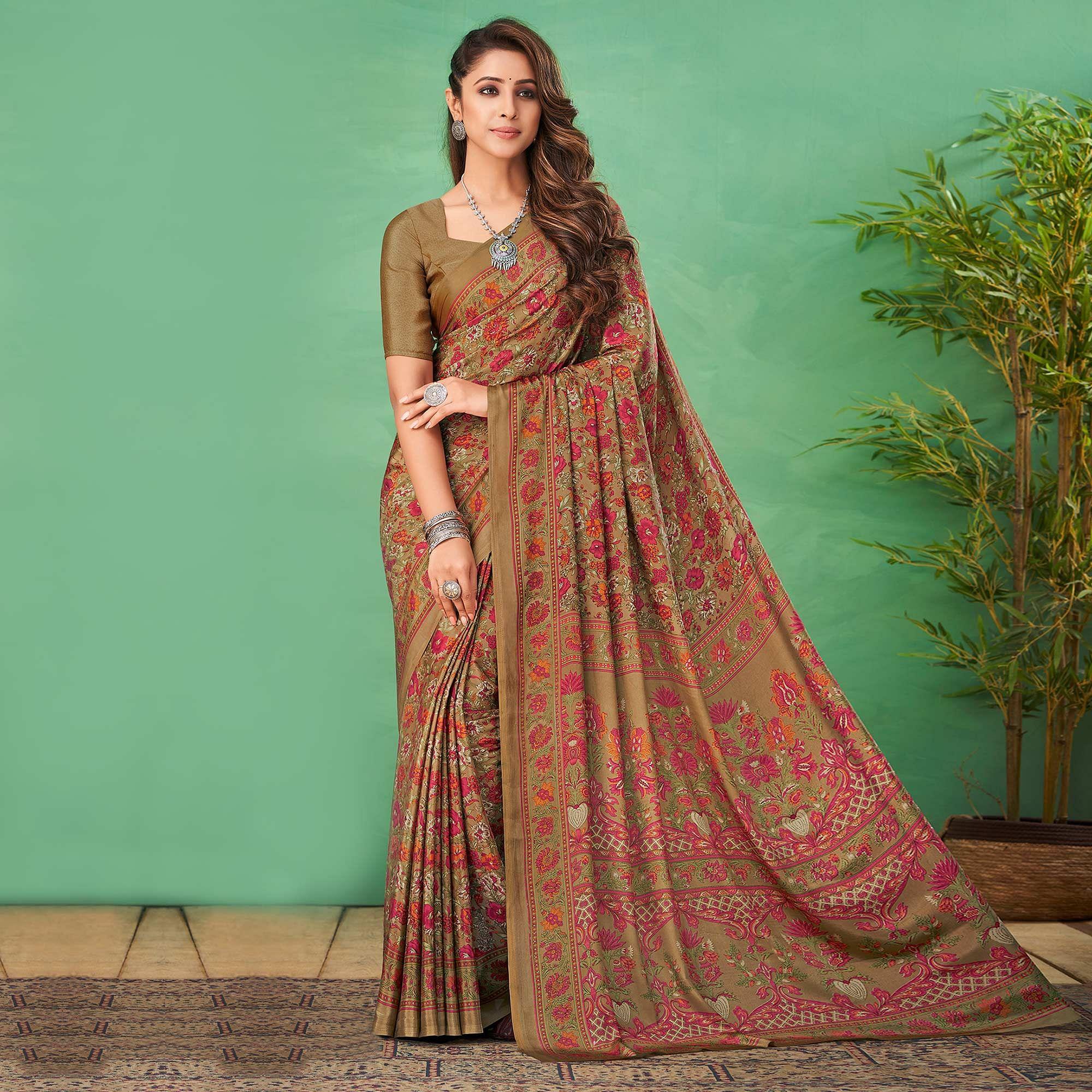 Brown Casual Wear Printed Silk Saree - Peachmode