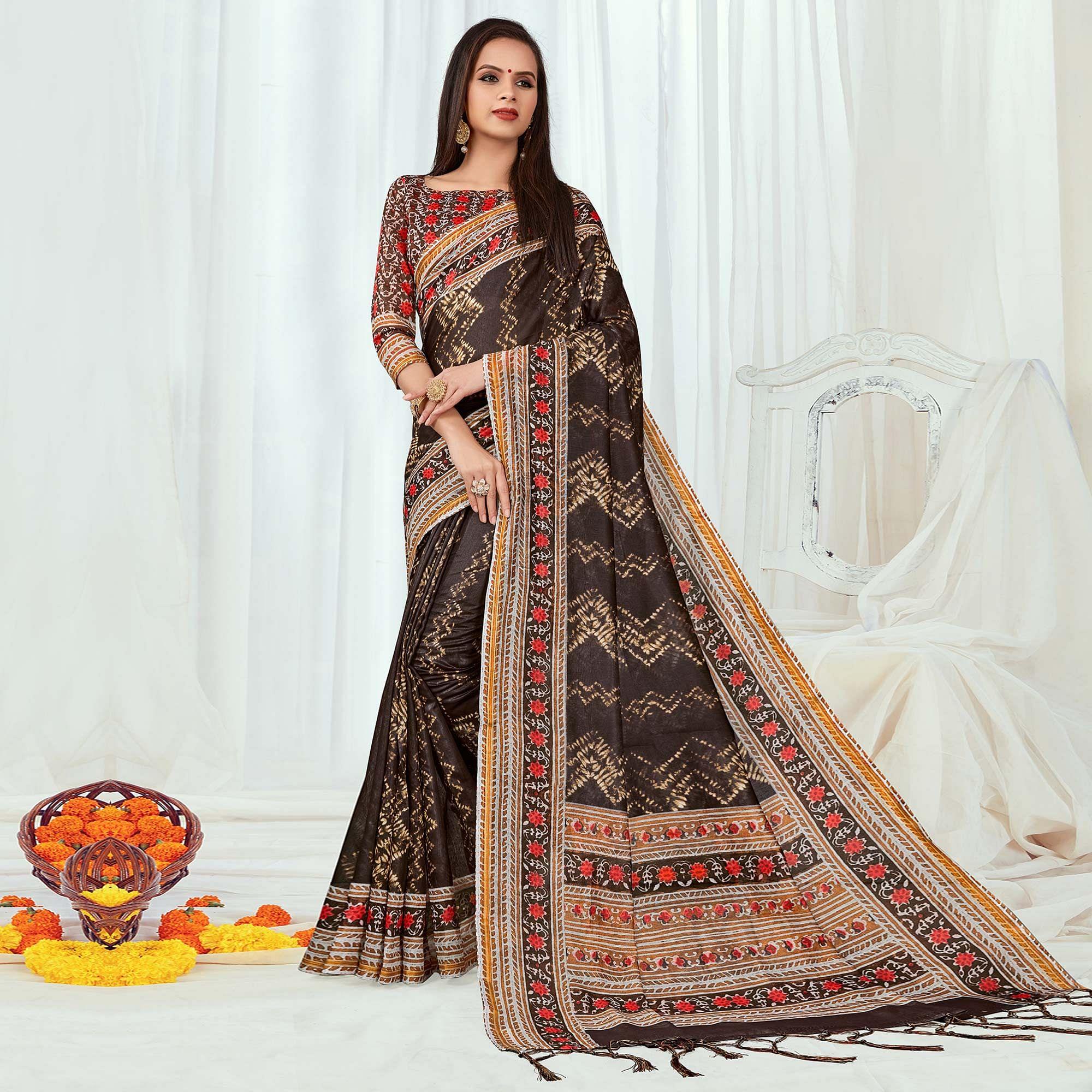 Brown Casual Wear Printed Silk Saree - Peachmode