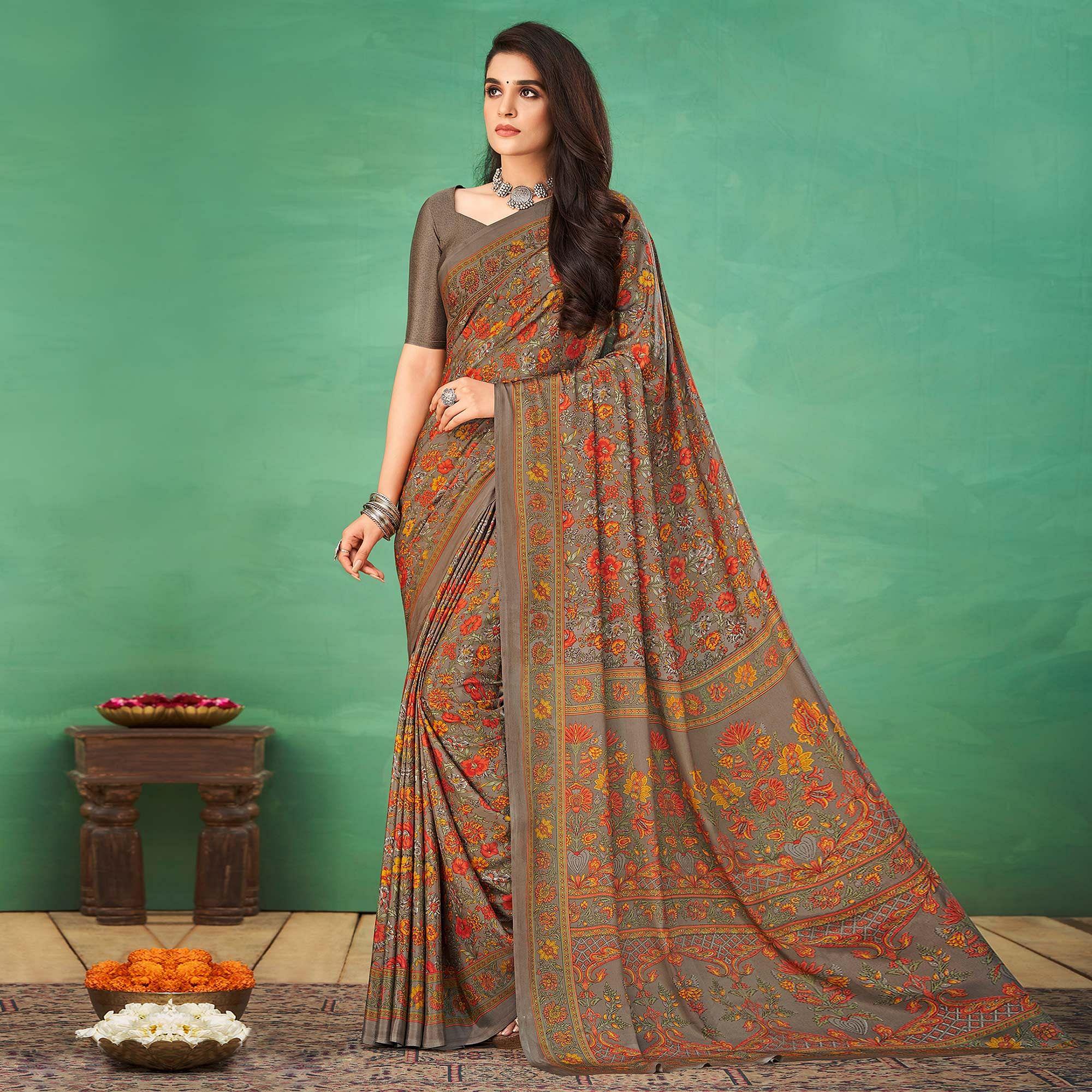 Brown Casual Wear Printed Silk Saree - Peachmode