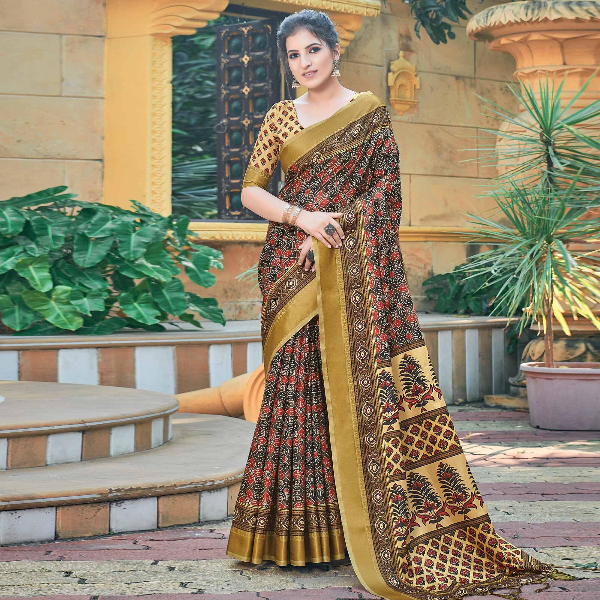 Brown Casual Wear Printed Silk Saree - Peachmode