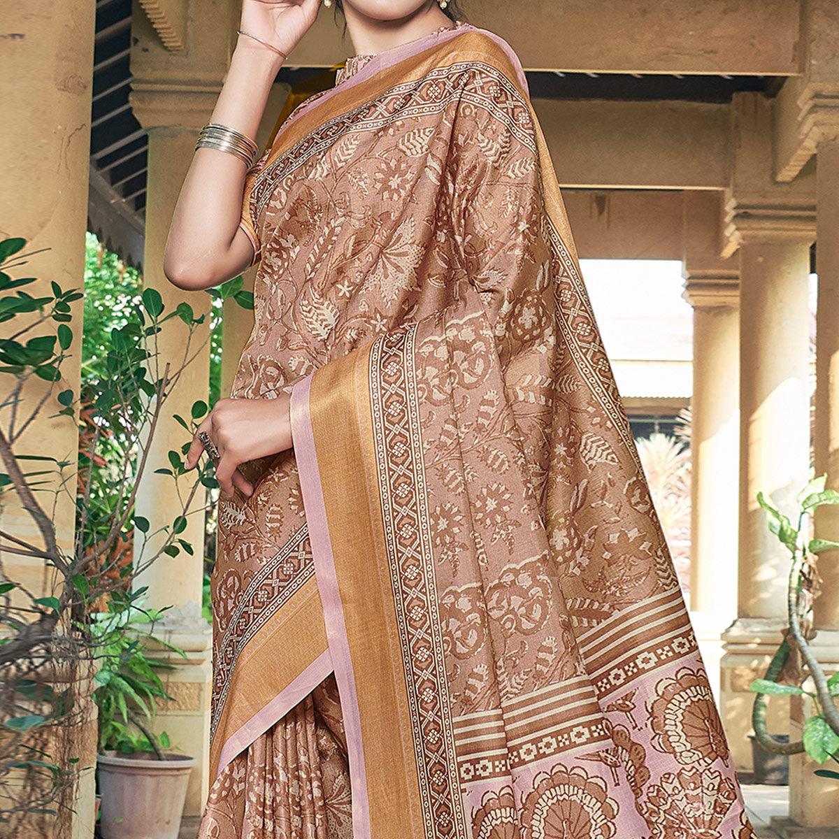 Brown Casual Wear Printed Silk Saree - Peachmode