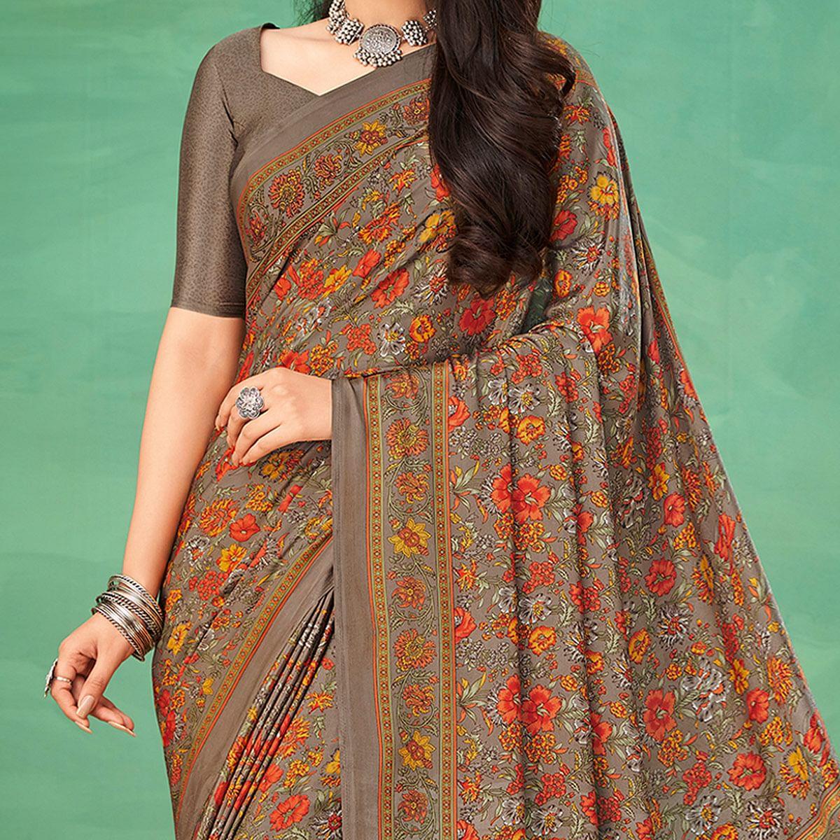Brown Casual Wear Printed Silk Saree - Peachmode