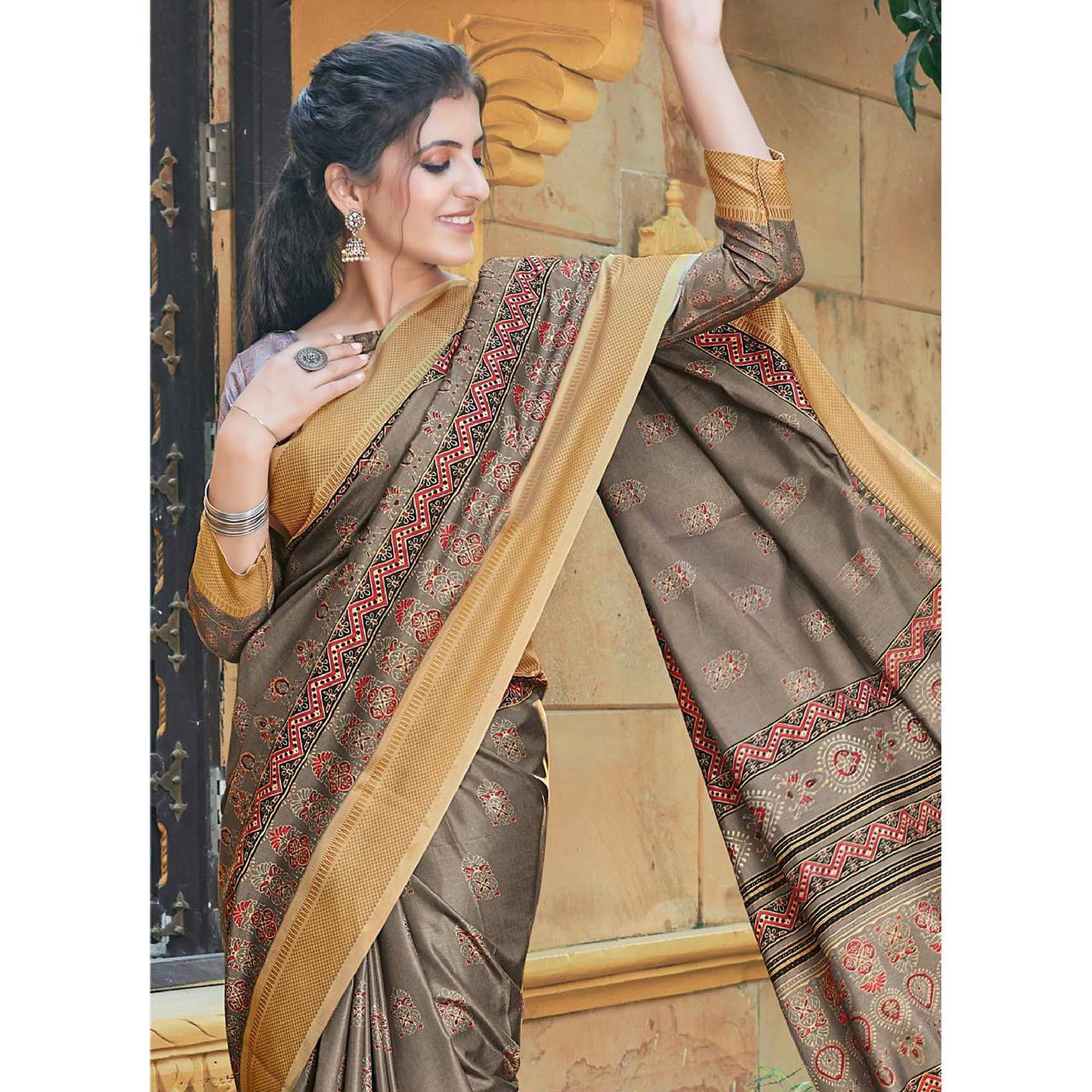 Brown Casual Wear Printed Silk Saree - Peachmode