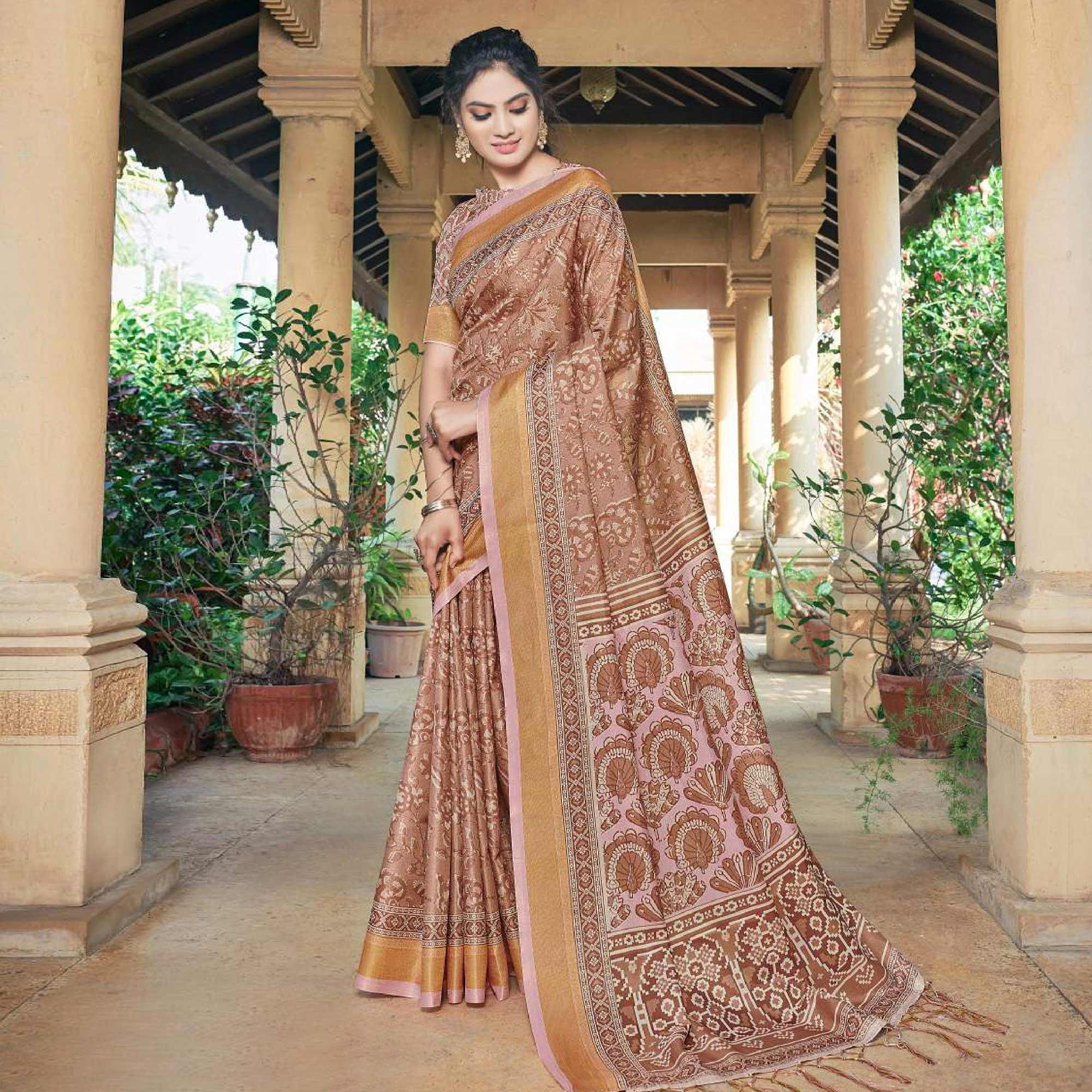 Brown Casual Wear Printed Silk Saree - Peachmode