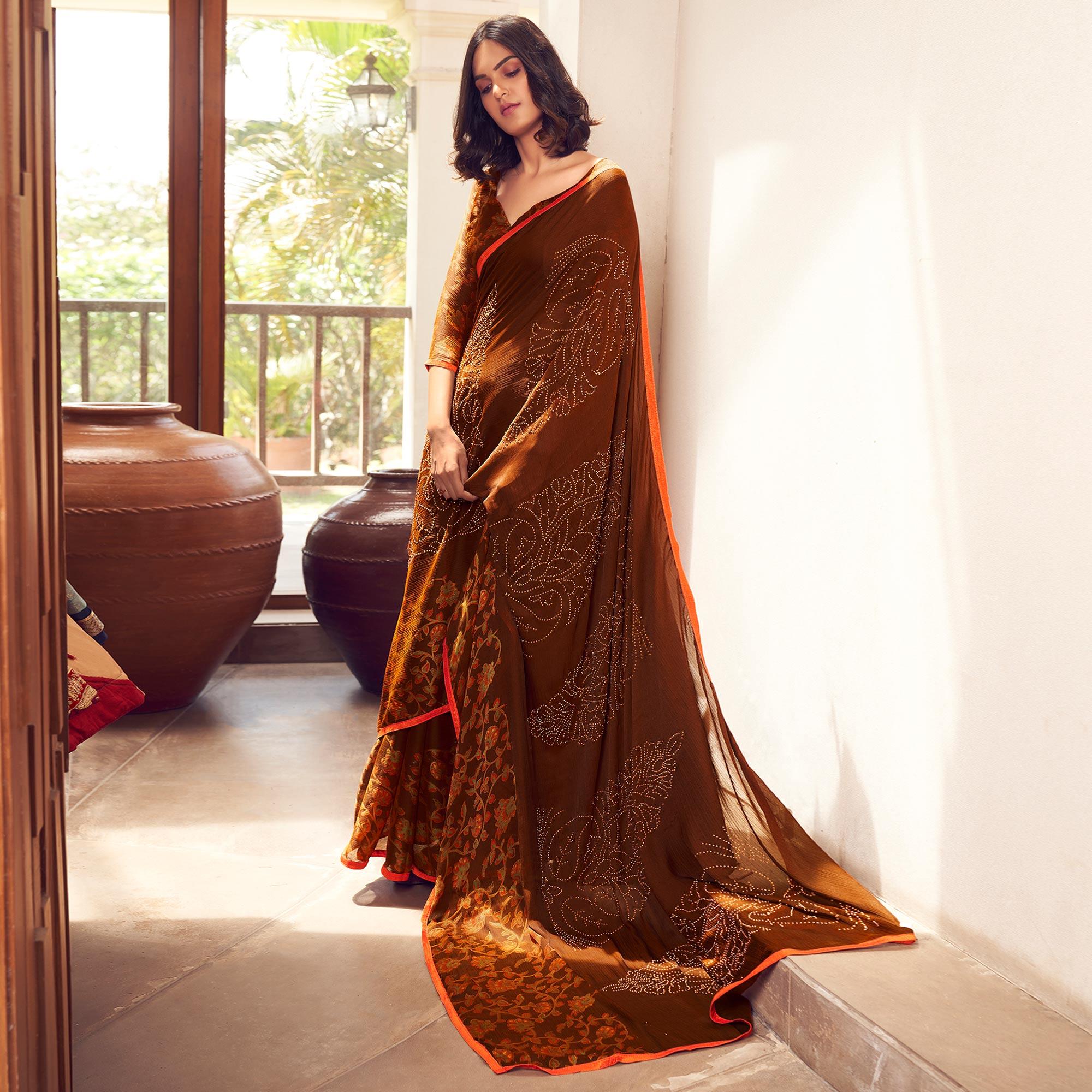 Brown Casual Wear Printed Velvet Chiffon Saree - Peachmode