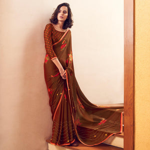 Brown Casual Wear Printed Velvet Chiffon Saree - Peachmode