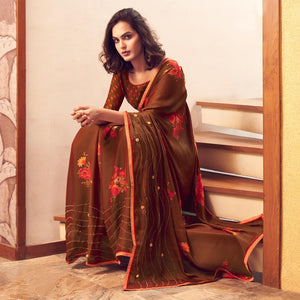 Brown Casual Wear Printed Velvet Chiffon Saree - Peachmode