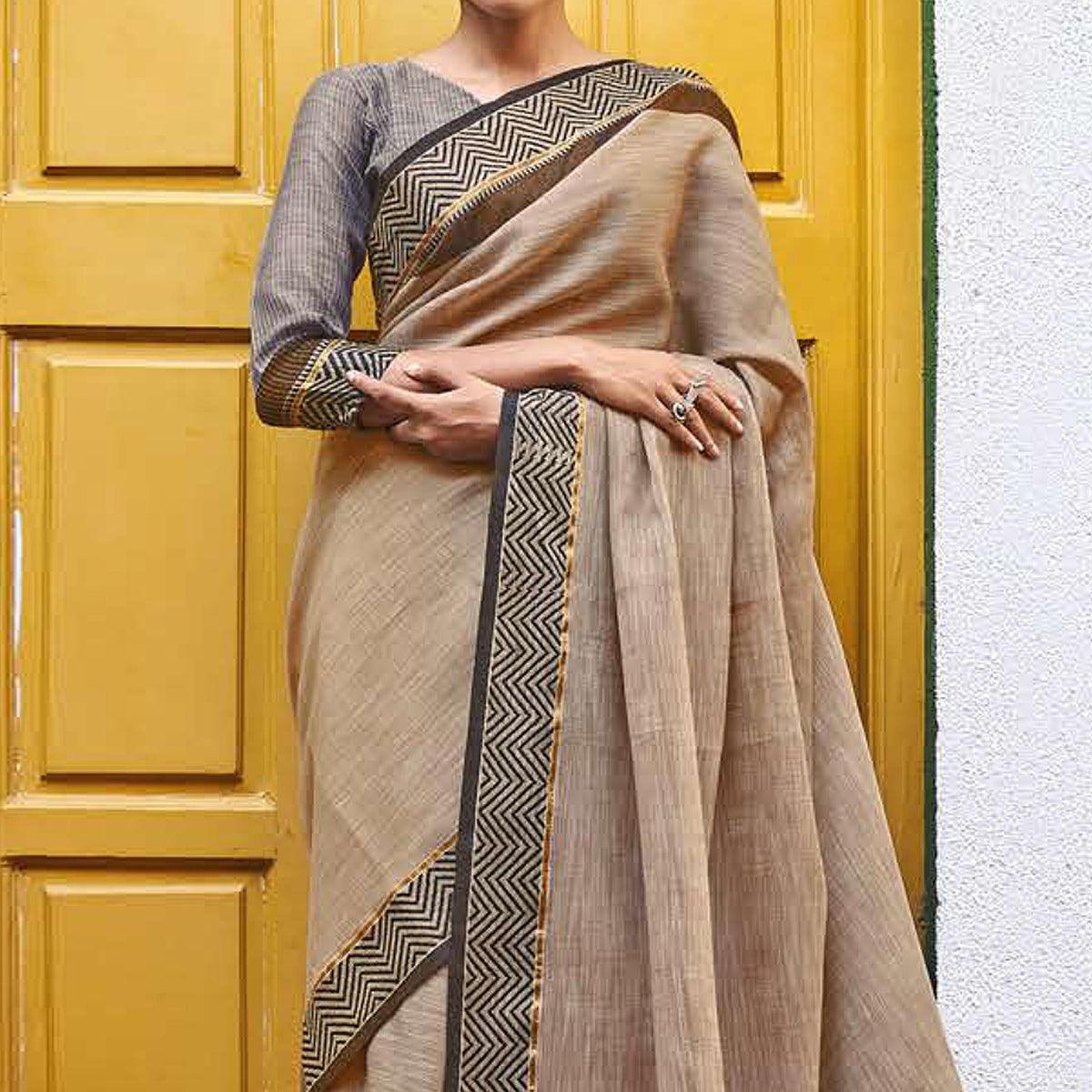 Brown Casual Wear Solid Linen Saree - Peachmode