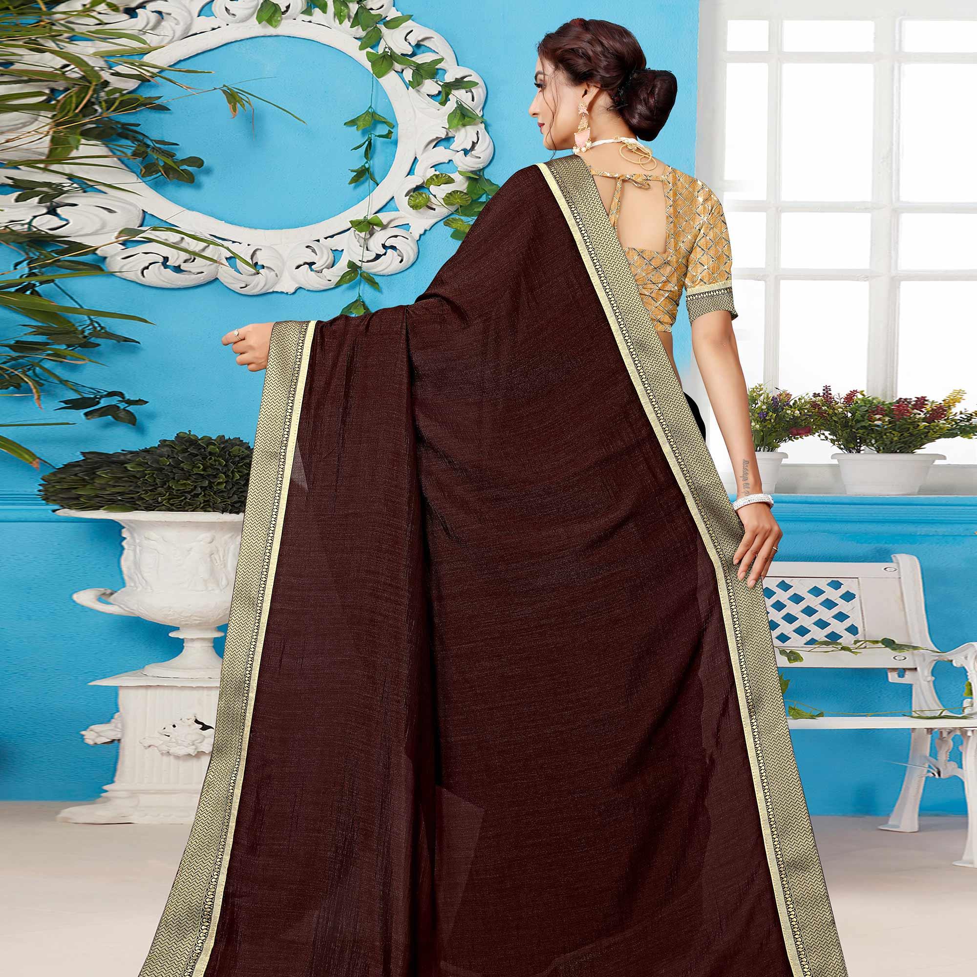 Brown Casual Wear Solid Silk Saree - Peachmode