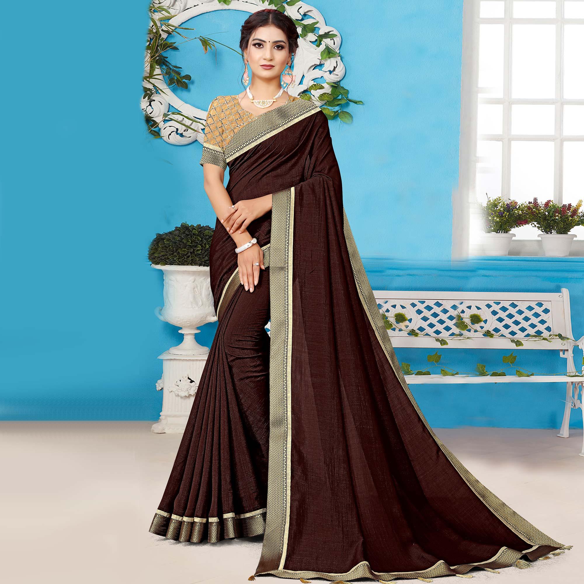 Brown Casual Wear Solid Silk Saree - Peachmode