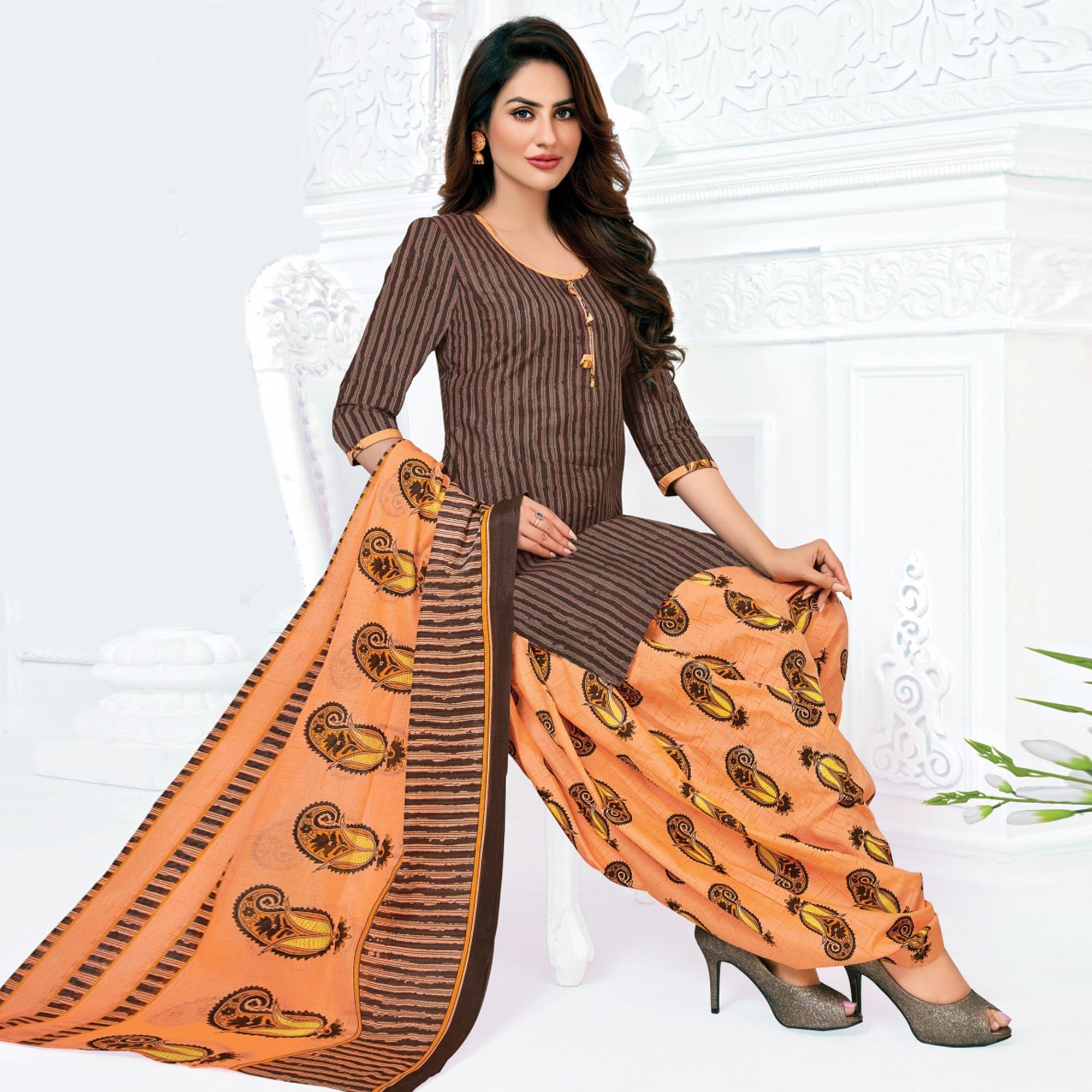 Brown Casual Wear Striped Printed Cotton Patiala Dress Material - Peachmode