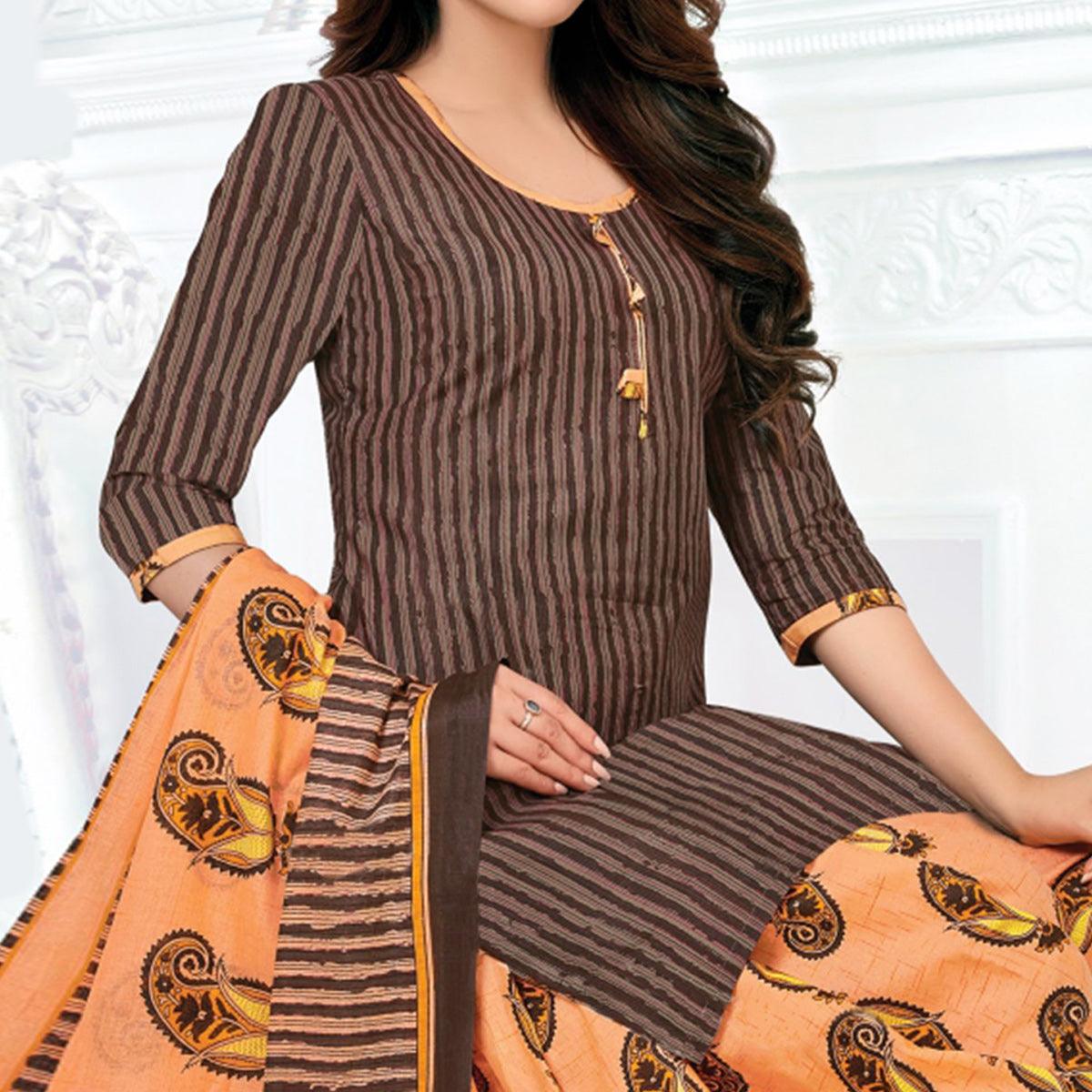 Brown Casual Wear Striped Printed Cotton Patiala Dress Material - Peachmode