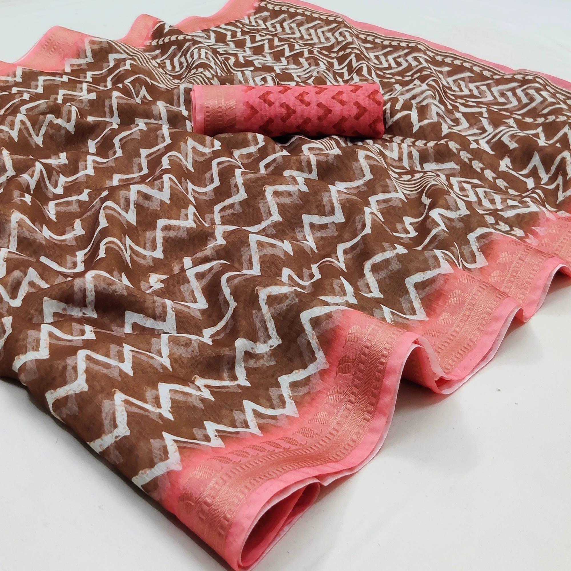 Brown Casual Wear Zigzag Digital Printed Linen Saree - Peachmode