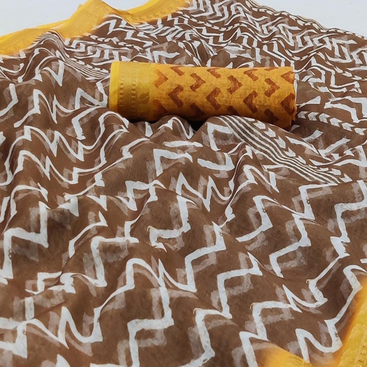 Brown Casual Wear Zigzag Digital Printed Linen Saree - Peachmode