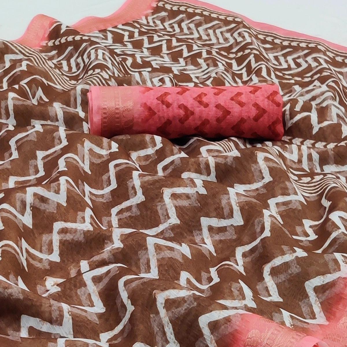 Brown Casual Wear Zigzag Digital Printed Linen Saree - Peachmode