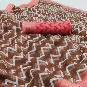 Brown Casual Wear Zigzag Digital Printed Linen Saree - Peachmode