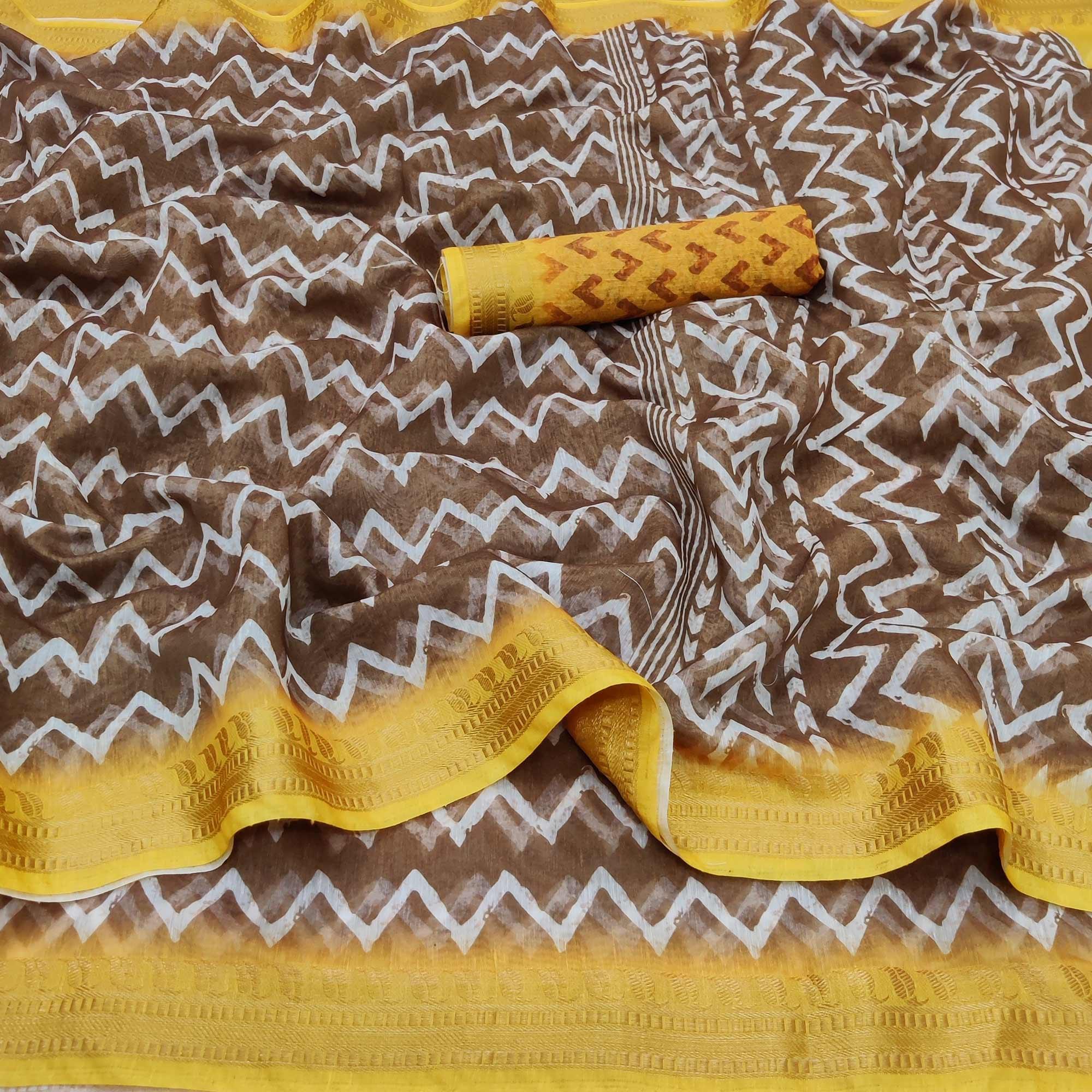 Brown Casual Wear Zigzag Digital Printed Linen Saree - Peachmode