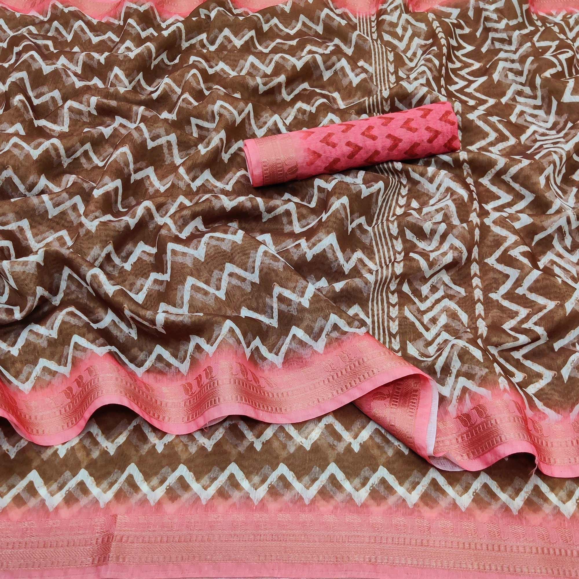 Brown Casual Wear Zigzag Digital Printed Linen Saree - Peachmode