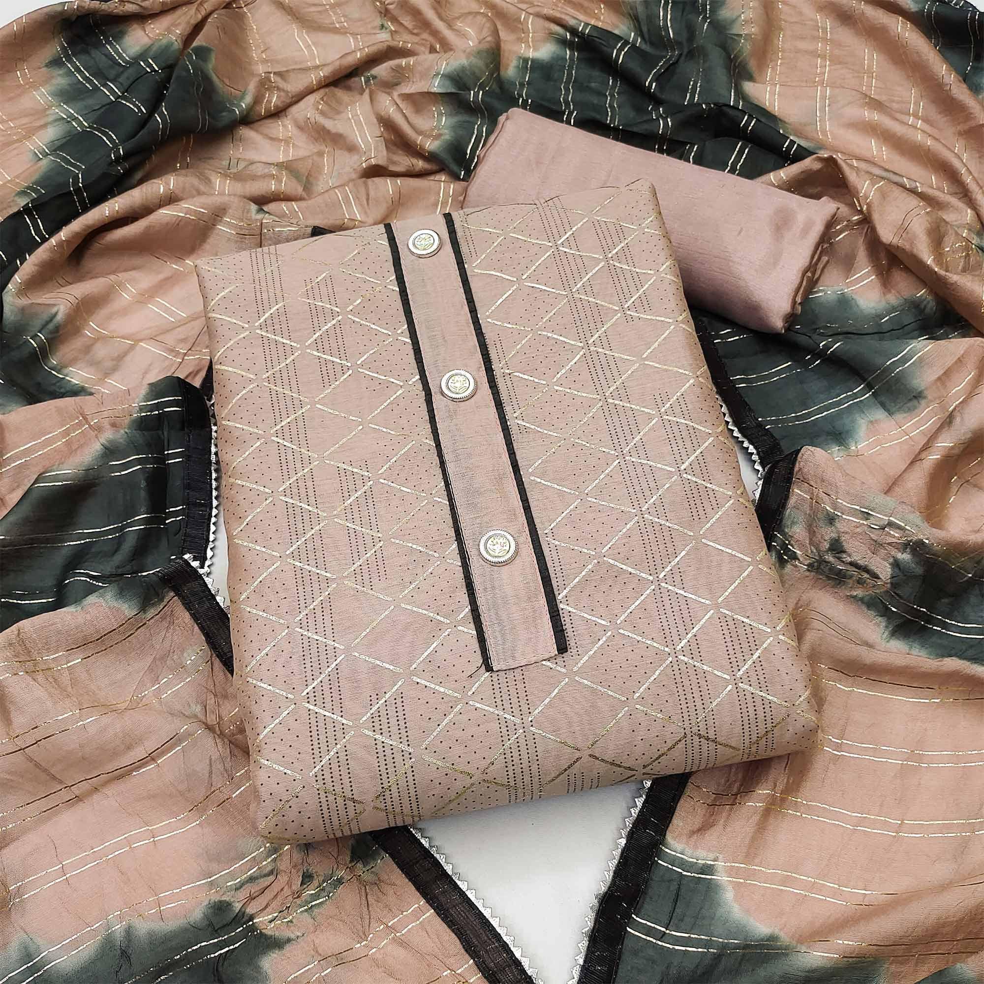 Brown Checks Printed Chanderi Dress Material - Peachmode