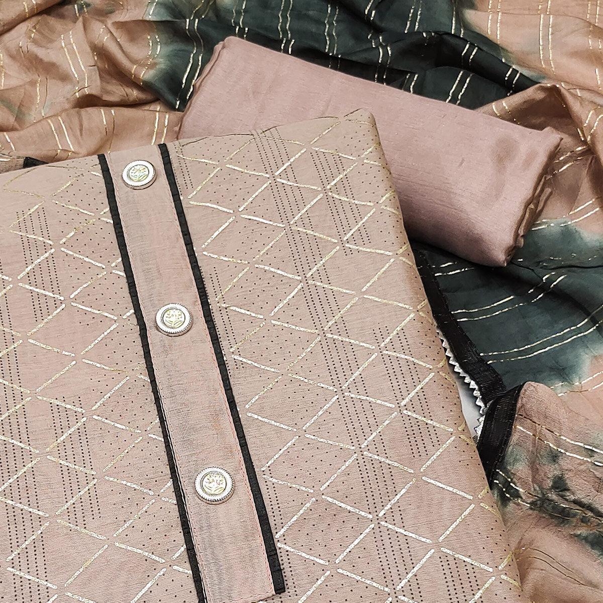 Brown Checks Printed Chanderi Dress Material - Peachmode