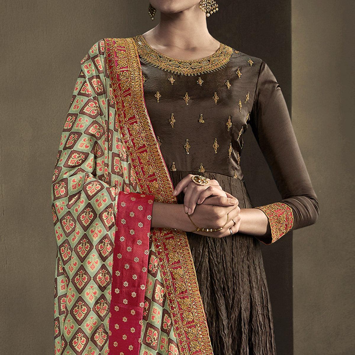 Brown Cording With Sequence Embroidery Partywear Georgette Suit - Peachmode