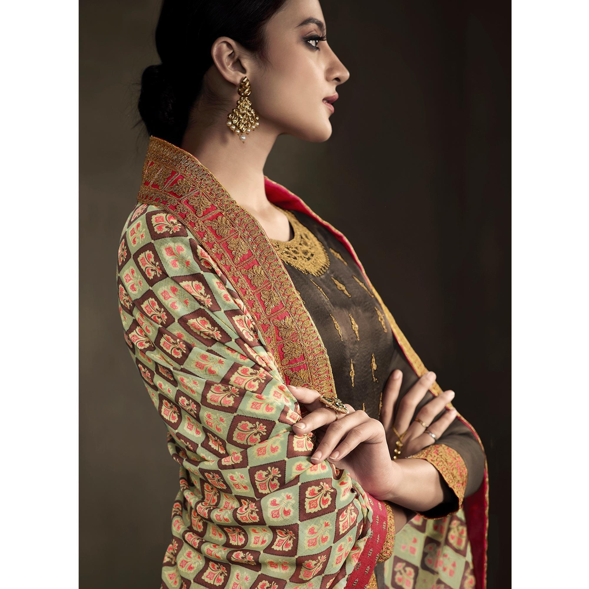 Brown Cording With Sequence Embroidery Partywear Georgette Suit - Peachmode