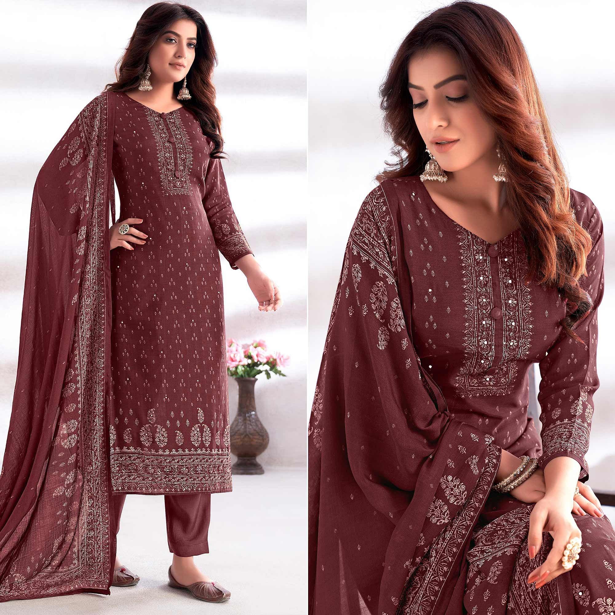 Brown Digital Printed & Hand Work Cotton Silk Suit - Peachmode