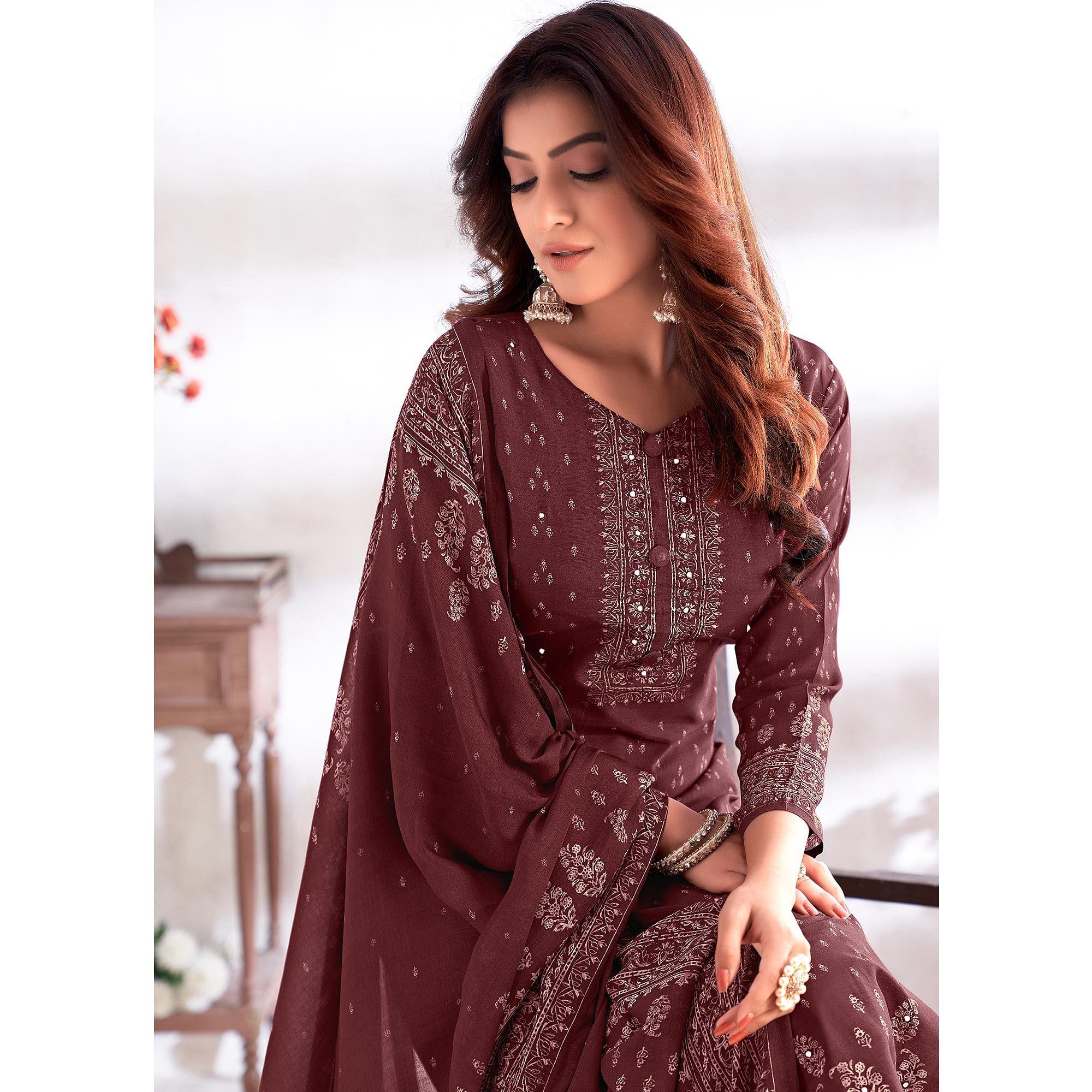 Brown Digital Printed & Hand Work Cotton Silk Suit - Peachmode