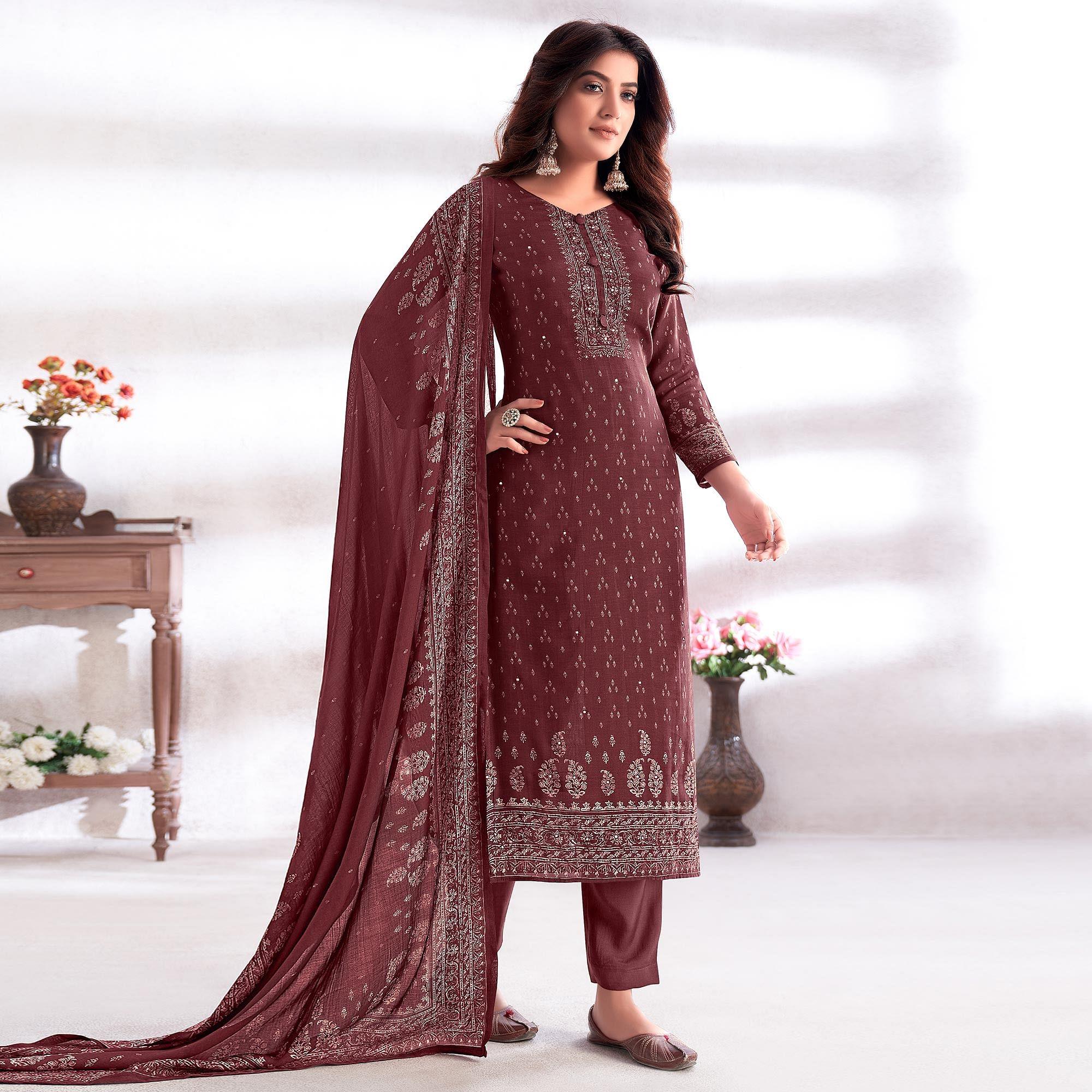 Brown Digital Printed & Hand Work Cotton Silk Suit - Peachmode