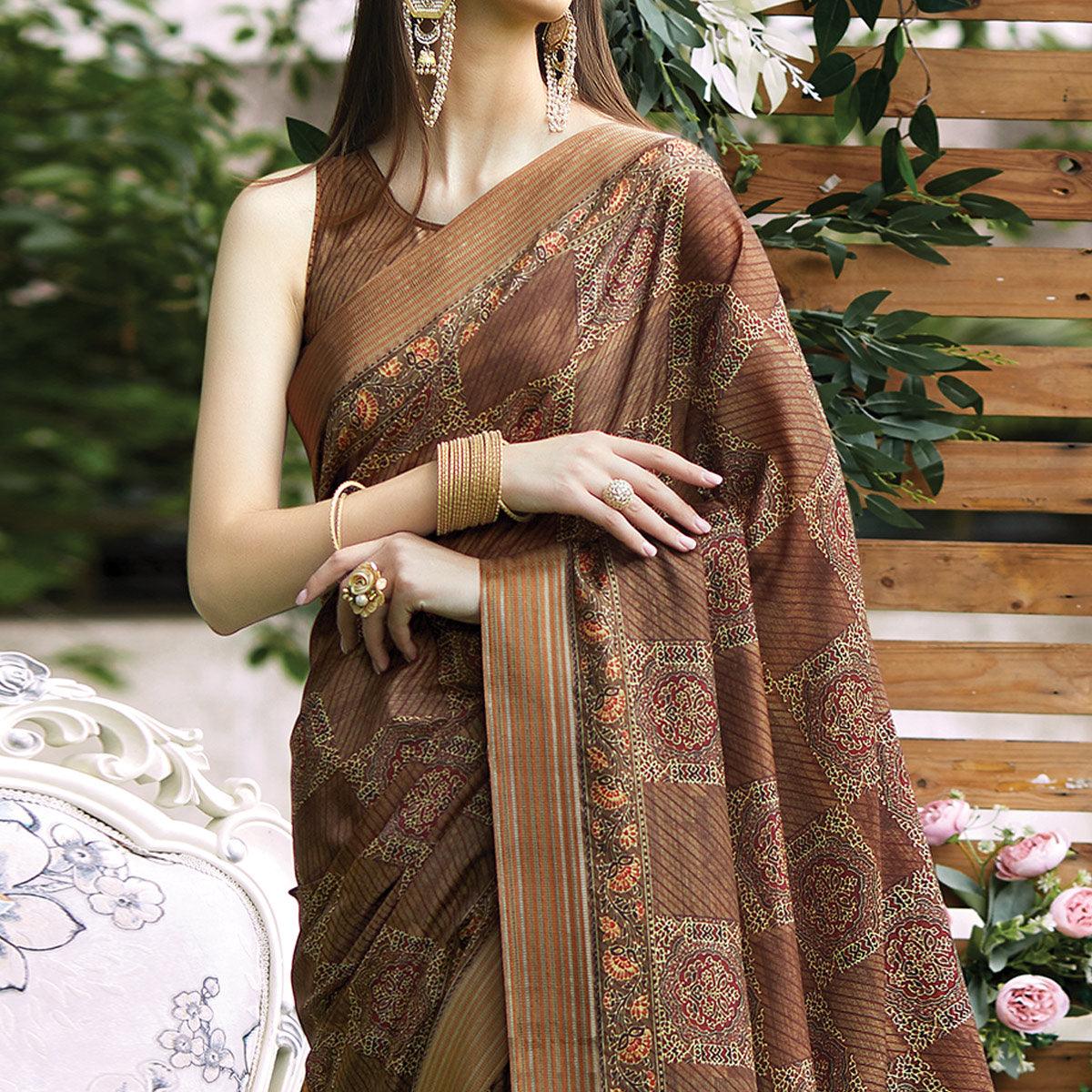 Brown Digital Printed Art Silk Saree - Peachmode